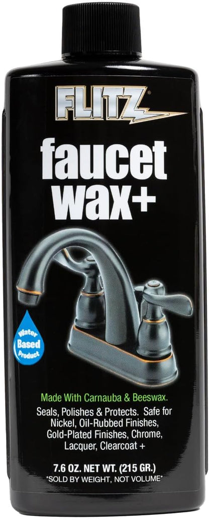 Flitz Faucet Wax Plus - 7.6oz Bottle of USA-Made, Water-Based Faucet Cleaner & Polisher for Water Stains, Fingerprints, & More - Metal Wax for Bronze, Nickel, Chrome, Brass - Granite Polish (1 Pack)