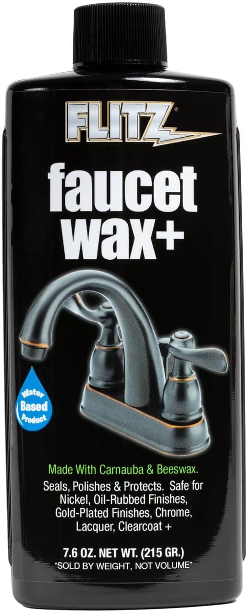 Flitz Faucet Wax Plus - 7.6oz Bottle of USA-Made, Water-Based Faucet Cleaner & Polisher for Water Stains, Fingerprints, & More - Metal Wax for Bronze, Nickel, Chrome, Brass - Granite Polish (1 Pack)