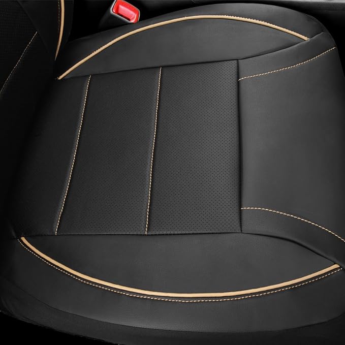 CAR PASS Universal FIT Piping Leather Two Front Seat Covers, Waterproof Faux Leather for SUV Sedan Van Truck, Airbag Compatible,Reserved Opening Holes for Headrest Covers. (Black and Beige)