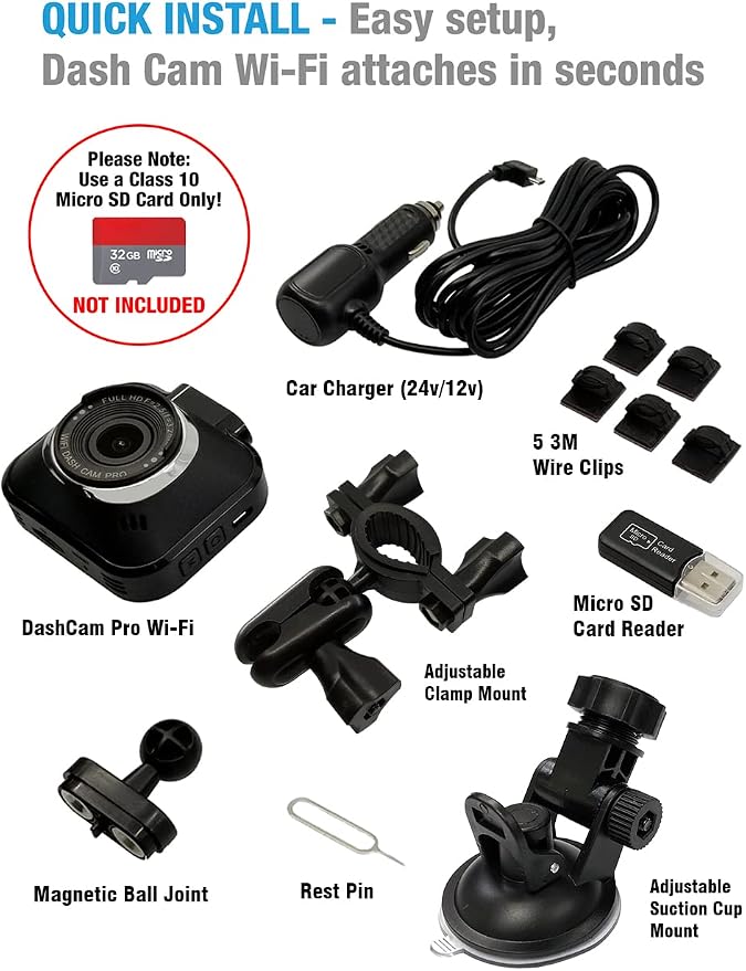 Dash Cam Pro Wi-Fi - As Seen on TV Dash Cam 360°, Motion Detection, 2.0” LCD, 1080p HD, Dashboard Camera Video Recorder, Loop Recording, Night-Mode