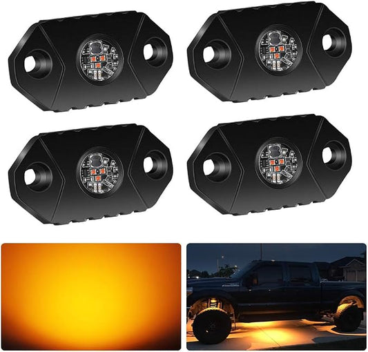 4WDKING Amber LED Rock Lights, 4 Pods IP68 Waterproof Underbody Glow Trail Rig Lamp LED Neon Lights for Truck Off Road Truck Car Boat ATV SUV Motorcycle