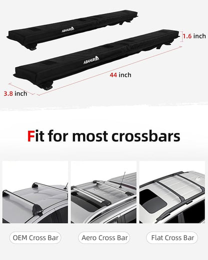 Abahub Soft Roof Rack Pads with 2 Tie Down Straps, 2 Tie Down Ropes, 2 Hood Loops and Storage Bag, for Surfboard, Kayak, Canoe, Heavy Duty Universal Car Roof Racks System Black 44 Inch