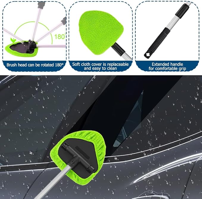 Car Wash Brush with Long Handle, Windshield Cleaning Tool, Car Washing Mop Kit Mitt Sponge Car Cleaning Supplies Kit, Microfiber Towel Gloves Universal for Cars RV SUV Truck Office (Green)