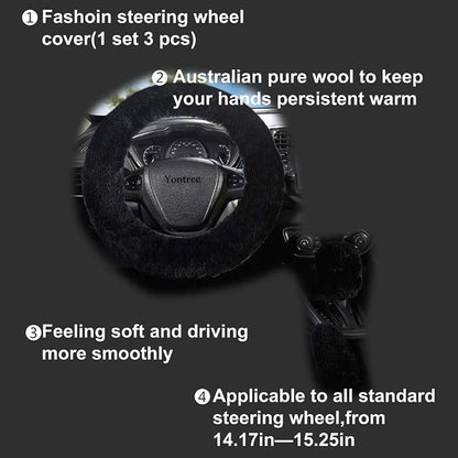 Yontree Fashion Fluffy Steering Wheel Covers for Women/Girls/Ladies Australia Pure Wool 15 Inch 1 Set 3 Pcs (Black)