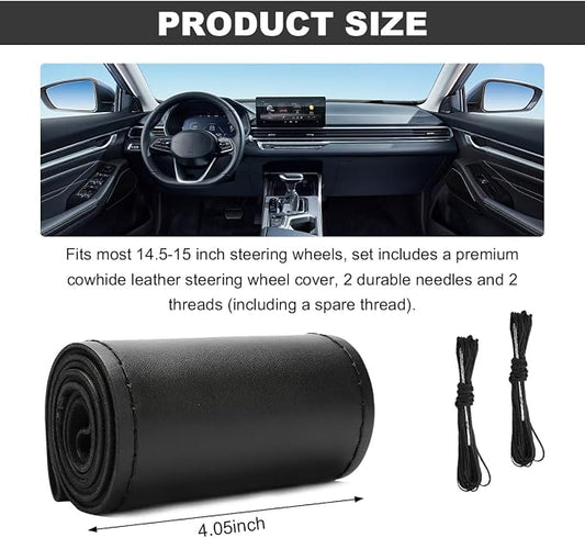 Wevdn Genuine Leather Steering Wheel Cover, Stitch on Wrap, DIY Sewing Steering Wheel Protector, 15 Inch Breathable Non-Slip Steering Wheel Protector, Car Accessories (Black, Glossy)