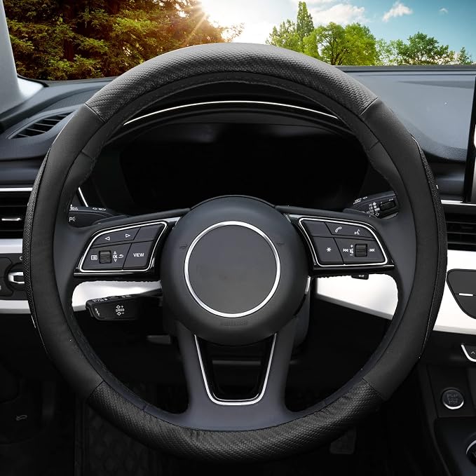 YHONGJT Soft Microfiber Leather Car Steering Wheel Cover, Universal Fit 15 Inch for Women Girls, Fit Vehicles, Sedans, SUVS, Vans, Trucks - Black