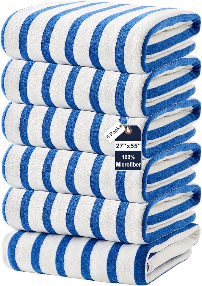 JML Microfiber Beach Towels, 6 Pack, 27" x 55", Large Bath Towel Set for Adult- Cabana Stripe - Absorbent, Quick Drying Lint-Free, No Fading for Summer Party, Pool, Sport, Yoga, Swimming, Dark Blue