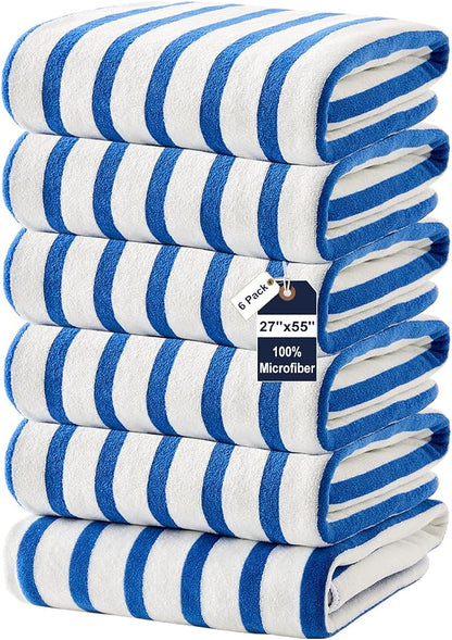 JML Microfiber Beach Towels, 6 Pack, 27" x 55", Large Bath Towel Set for Adult- Cabana Stripe - Absorbent, Quick Drying Lint-Free, No Fading for Summer Party, Pool, Sport, Yoga, Swimming, Dark Blue