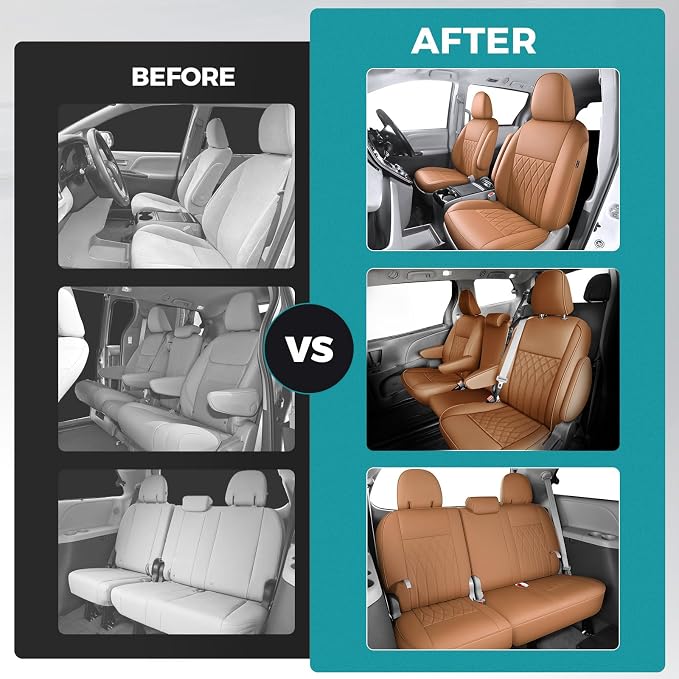 Customized for Toyota Sienna Seat Covers 2011-2020 Sienna 8 Seats 3 Row, Leather Car Seat Covers Waterproof Seat Covers Full Set for Cars, Car Seat Protectors, Airbag Compatible(Brown)