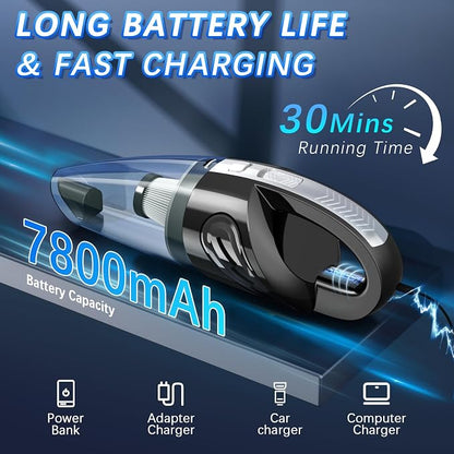 Handheld Vacuum Cordless, 15000Pa Powerful Car Vacuum Cleaner - 7800mAh Rechargeable Portable Mini Vacuum with 70000RPM Motor, 5 Nozzles, Low Noise, Washable Filter, for Car, Home, Office, Pet