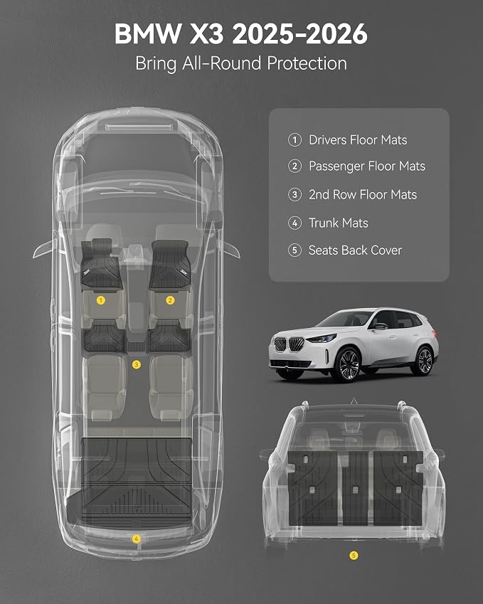 3W Floor Mats & Cargo Liner Fit for 2025 2026 BMW X3 G45, Seatback Protector Mats Cover, Trunk Mat TPE All Weather Custom Car Accessories Full Set BMW X3 30/50M xDrive
