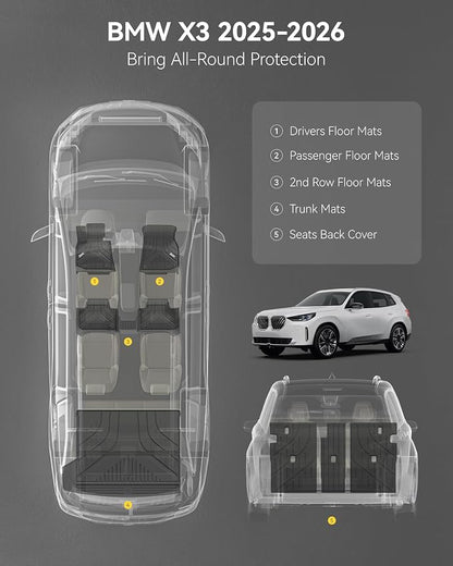 3W Floor Mats & Cargo Liner Fit for 2025 2026 BMW X3 G45, Seatback Protector Mats Cover, Trunk Mat TPE All Weather Custom Car Accessories Full Set BMW X3 30/50M xDrive