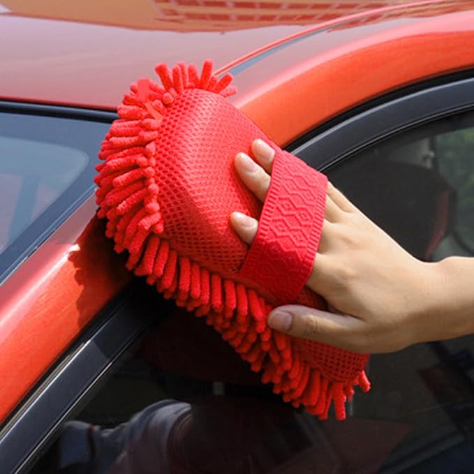 Microfiber Car Wash Sponge, Scratch-Free Vehicle Washing Mitt with Chenille & Mesh Sides, Highly Absorbent Sponge Lint-Free Cleaning Tool for Car Washing & Detailing (Red)