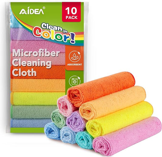 AIDEA Microfiber Cleaning Cloth, 10PK, Colorful Lint-Free Vibrant Cleaning Rags, Microfiber Towels for Cars, Kitchen Cloth, Dusting Cloth for Home, Window, Cleaning Supplies, 11.5"×11.5"