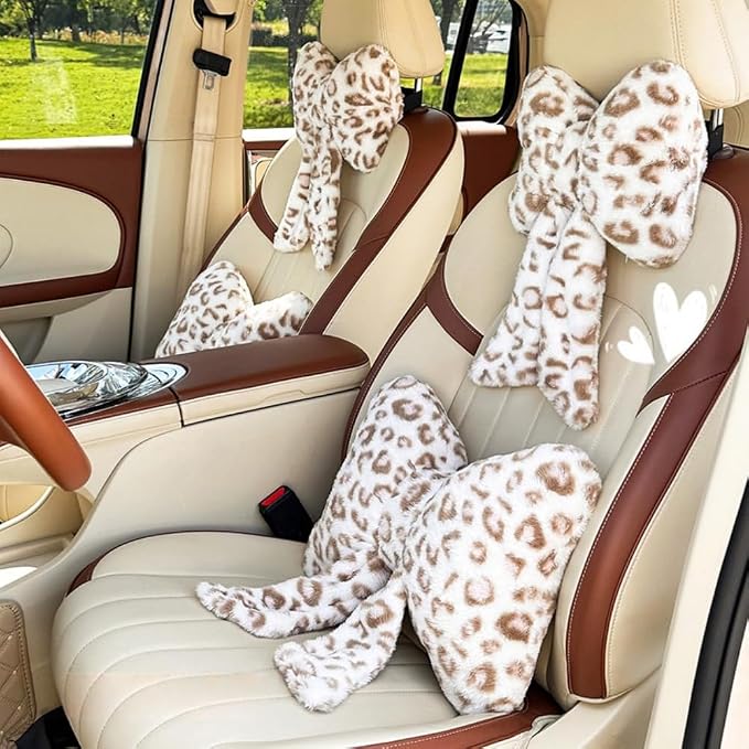 LYFJMUS 4 Pack Plush Bow Car Headrest Pillow and Lumbar Support Pillow Soft Butterfly Car Neck Pillows for Driving Cars Decor (White Leopard)