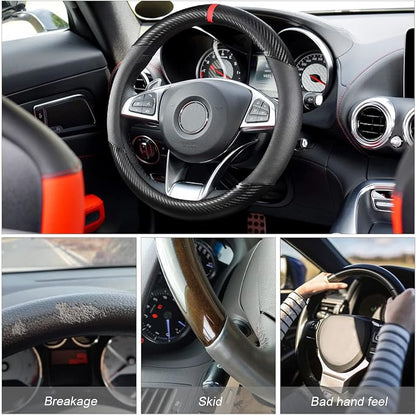 Moly Magnolia Carbon Fiber Steering Wheel Cover, Universal 15 inch Breathable Anti Slip, Black, Leather & Carbon Fiber, Truck & SUV, Automotive Steering Wheel Covers