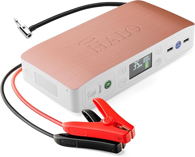 HALO Bolt Air 58830 Portable Car Battery Jump Starter | 100 PSI Air Compressor, 58.8Wh USB Power Bank, Emergency Floodlight & Charger, Jump Cars SUVs & Trucks, Inflate Tires, TSA Approved — Rose Gold