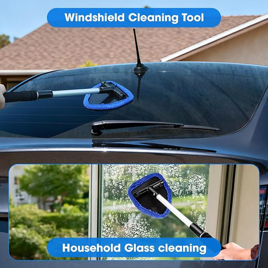 Windshield Cleaner Tool, Car Interior Cleaning Kit with Extendable Handle and 3 Reusable Microfiber Pads, Auto Glass Wiper and Detailing Brush Kit for Car & Home Window, Blue