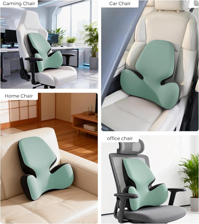 BEBAS Lumbar Support Pillow for Office Chair - Ergonomic Memory Foam Back Cushion for Lower Back Pain Relief - Washable & Breathable Cover - Fits Car Seats, Gaming Chairs & Wheelchairs (Green)