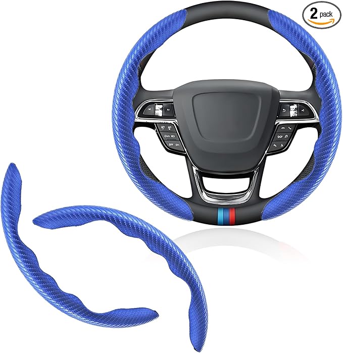 Universal Fit Carbon Fiber Steering Wheel Cover, Segmented Steering Wheel Protector, Carbon Fiber Anti-Skid Steering Wheel Cover Car Interior Accessories (2 Pcs Blue)