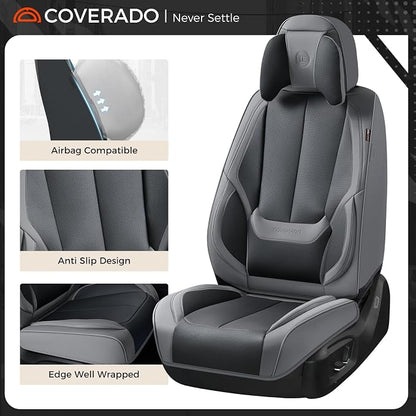 Coverado Seat Covers Full Set, 5 Seats Seat Covers for Cars, Waterproof Nappa Leather Car Seat Covers with Head Pillow, Seat Protectors Car Seat Cushion Universal Fit for Most Cars (Gray&Black)