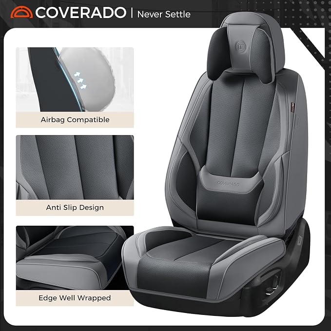 Coverado Seat Covers, Car Seat Covers Front Seats, Car Seat Cover, Car Seat Protector Waterproof, Seat Cushion Nappa Leather with Head Pillow, Carseat Cover Universal Fit for Most Cars (Gray&Black)
