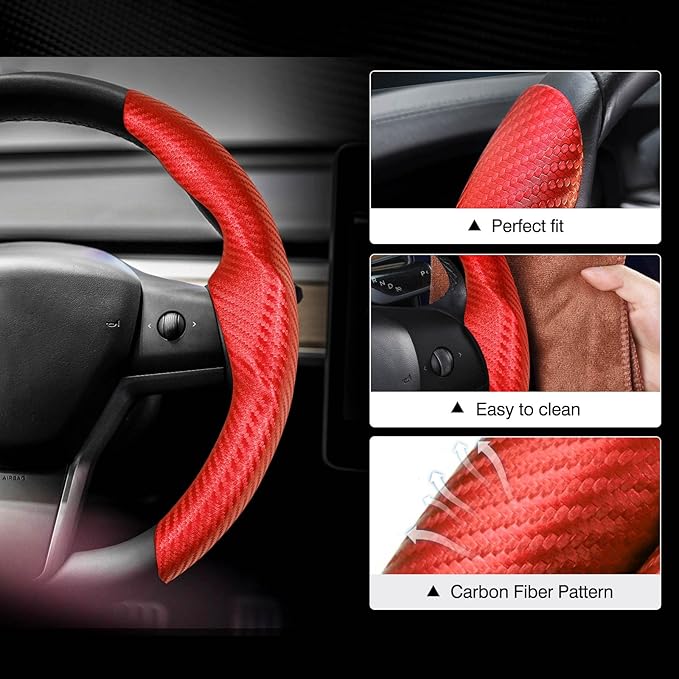 Canvcle Steering Wheel Cover for Tesla Model 3/Y 2016-2025 2026 Highland/Juniper Accessories Carbon Fiber Steering Wheel Cover Protector Non-Slip, Comfortable, Breathable, Model 3/Y Accessories, Red
