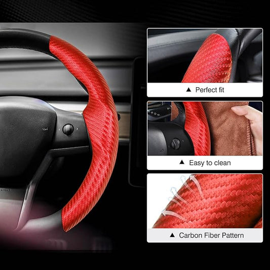 Canvcle Steering Wheel Cover for Tesla Model 3/Y 2016-2025 2026 Highland/Juniper Accessories Carbon Fiber Steering Wheel Cover Protector Non-Slip, Comfortable, Breathable, Model 3/Y Accessories, Red