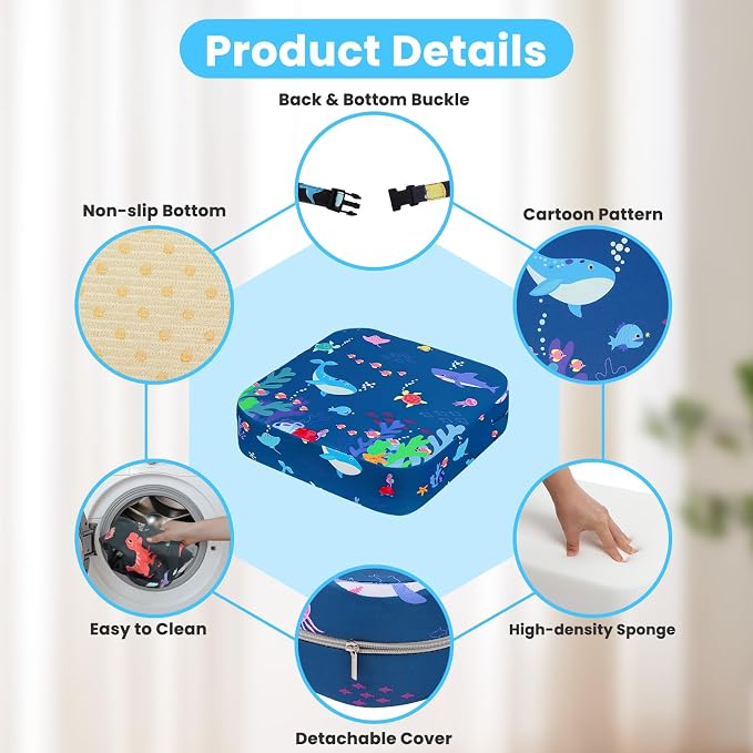 Toddler Booster Seat for Dining Table, 4" Kids Booster Seat for Kitchen Chair with Non-Slip Bottom, Portable Detachable Washable Increasing Cushion with 2 Adjustable Straps (Marine Animals)