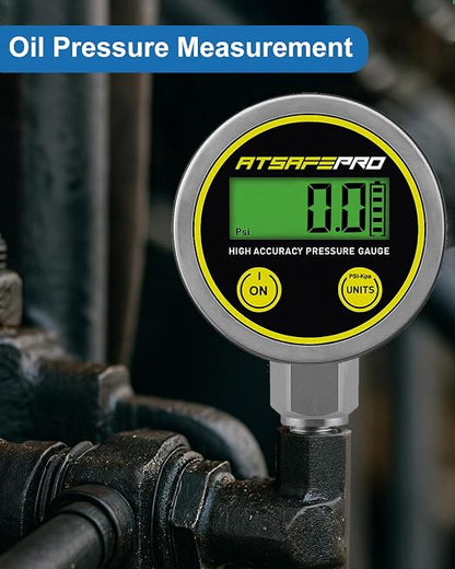 Digital Pressure Gauge-1000psi Range,2.9-Inch LCD Dial,1/4 Inch NPT Bottom Thread Stainless Steel Water Pressure Gauge,Suitable for Measuring Hydraulic, Oil, Water, and Air Pressure
