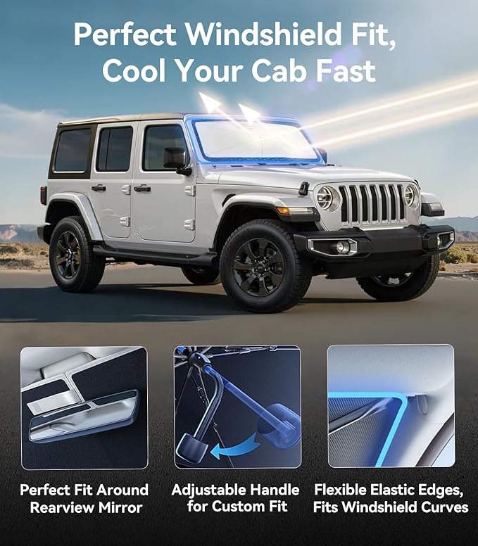 Nmoiss Windshield Sun Shade Umbrella for Jeep - [Vinyl Coating Heat Shield] Protect Car from Sun Rays & Heat Damage Keep Cool and Protect Interior, Spring Structure Edge