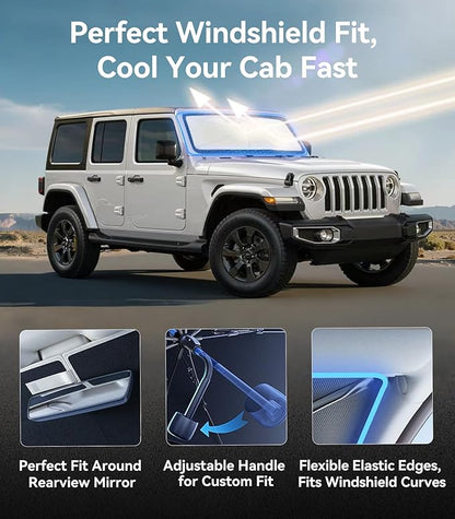 Nmoiss Windshield Sun Shade Umbrella for Jeep - [Vinyl Coating Heat Shield] Protect Car from Sun Rays & Heat Damage Keep Cool and Protect Interior, Spring Structure Edge