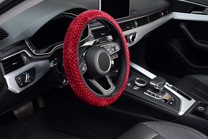 KAFEEK Elastic Short Microfiber Plush Steering Wheel Cover for Winter Warm, Universal 15 inch, Anti-Slip, Odorless, Wine Red