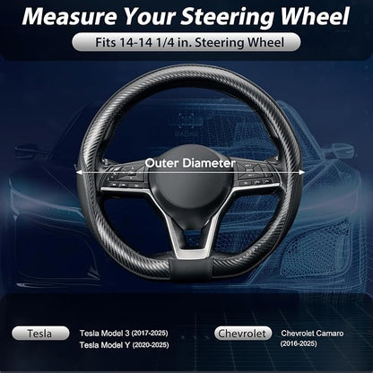 SEG Direct Flat Bottom Steering Wheel Cover, D Shaped Car Wheel Cover 14-14 1/4 in. (35.5-36 cm), for Tesla Model 3 / Y, for Camaro, Black Microfiber Leather with Carbon Fiber Pattern