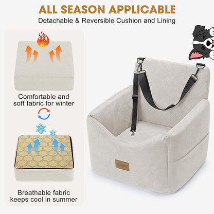 JOEJOY Dog Car Seats for Small Medium Dogs Under 35lbs, Dog Booster Seat with Detachable Washable Cover and Cushion, Memory Foam Pet Car Seat with Safety Belt and Storage Pockets (BGE)