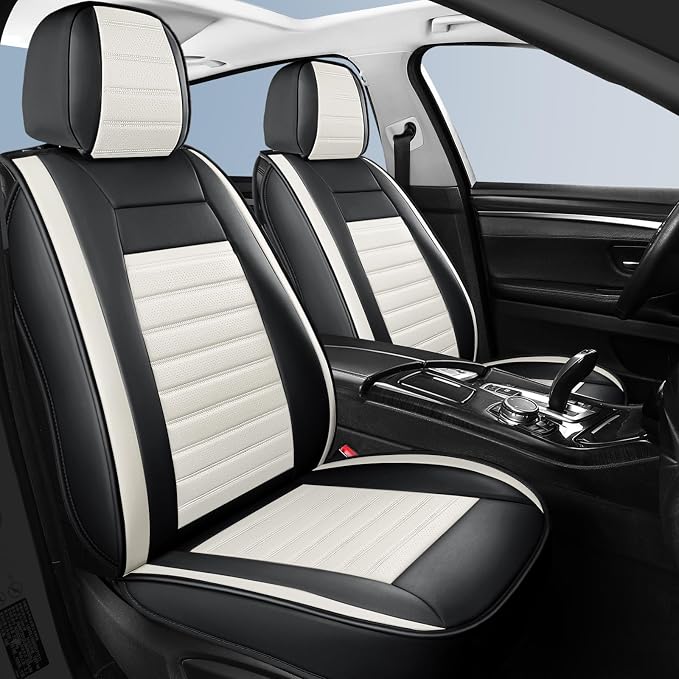 HChengkikz Car Seat Covers Full Set, Breathable Nappa Leather Seat Covers, Horizontal Stripes Automotive Seat Covers, Universal Seat Cushions for Sedan SUV Truck (5 PCS Full Set, Black + Cream)