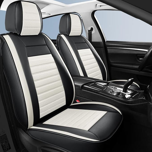 HChengkikz Car Seat Covers Front Pair, Breathable Nappa Leather Seat Covers for Cars, Universal Auto Interiors Car Seat Cushions for Most Sedans SUV Truck (2 PCS Front Seat, Black + Cream)
