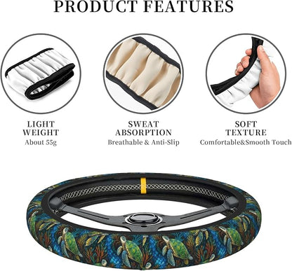 Sea Turtle Steering Wheel Cover + 2 Cup Coasters - Neoprene Non-Slip, Breathable Elasticity Universal Fit 14.5-15.6 Inch for Cars/Trucks/SUV - Car Interior Decoration