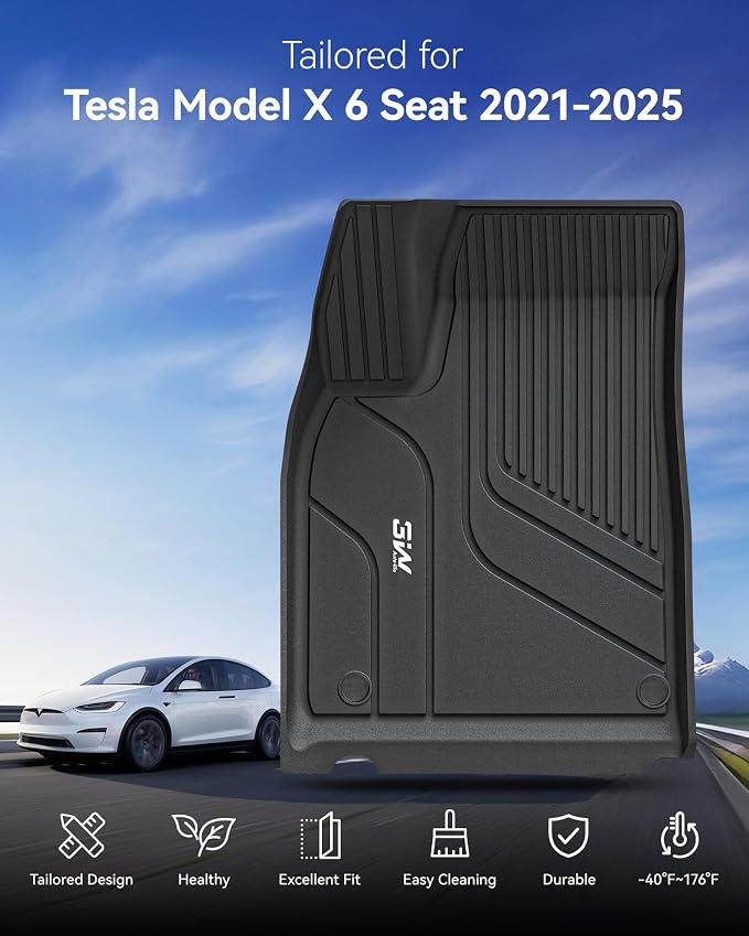3W Floor Mats Fit for Tesla Model X 6 Seat 2021-2025 2026 All Weather TPE Custom Fit Floor Liners for 1-3 Rows Full Set Car Mats Black