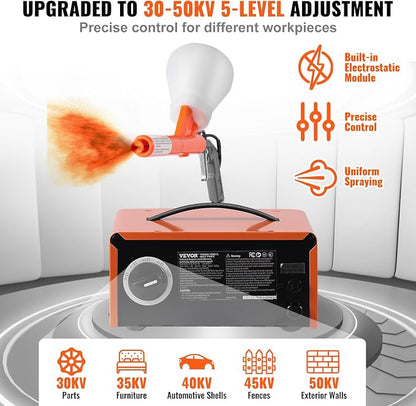 VEVOR Powder Coating System, 50KV Electrostatic Output Powder Coating Kit with Foot Switch, Spray Gun, Nozzles and Powder Cups, Powder Coating Equipment for Home DIY and Commercial Production
