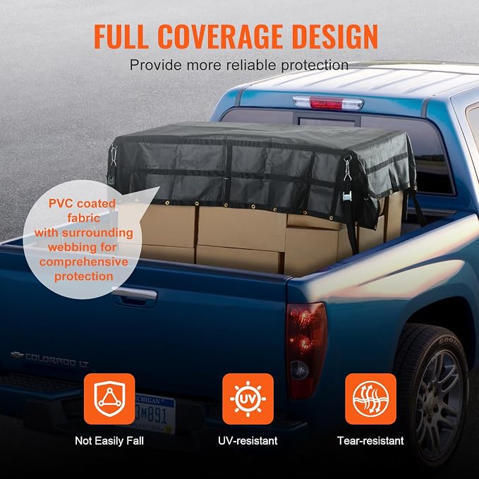 VEVOR Waterproof Cargo Net, 96 in x 81 in, Heavy Duty Truck Cargo Net-(WLL) 700lbs, 4 Adjustable Straps with Carabiners & S-Hooks, Truck Bed Cover for Trailer, Pickup, Boat, Jeep, SUV 6.75' x 8'