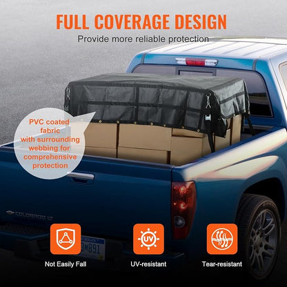 VEVOR Waterproof Cargo Net, 96 in x 81 in, Heavy Duty Truck Cargo Net-(WLL) 700lbs, 4 Adjustable Straps with Carabiners & S-Hooks, Truck Bed Cover for Trailer, Pickup, Boat, Jeep, SUV 6.75' x 8'