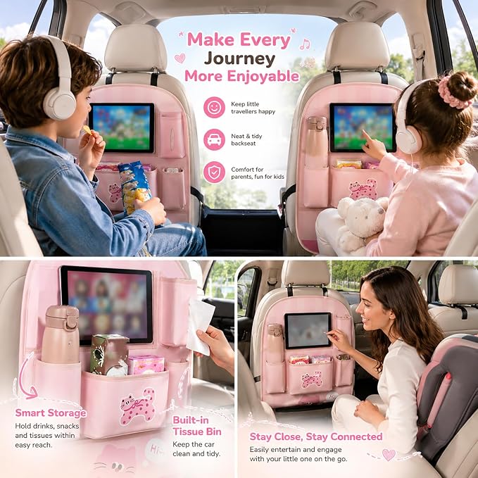 YUNZLAN Leather Backseat Car Organizer, Kick Mats Back Seat Protector with Touch Screen Tablet Holder Back Seat Organizer for Kids with 4 Storage Pockets Travel Accessories (PinkPinkCat)