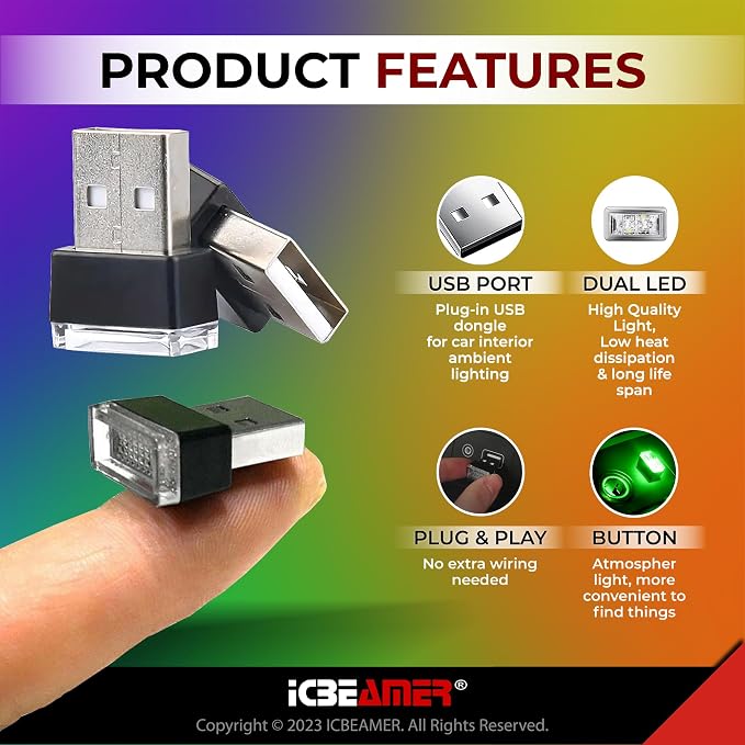 ICBEAMER USB Interface Miniature Night Light 1-Pack (Green) | Universal Plug-in LED for Car Interior and Trunk Ambient Atmosphere