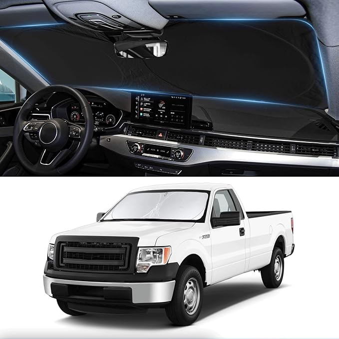 Sunshade for F150 Windshield Sun Shade Custom-fit for 2012 2013 2014 Ford F150 F-150 Lariat, King Ranch, Platinum, XL XLT Limited Raptor Accessories Foldable Front Window Cover Sun Visor UV Reflector