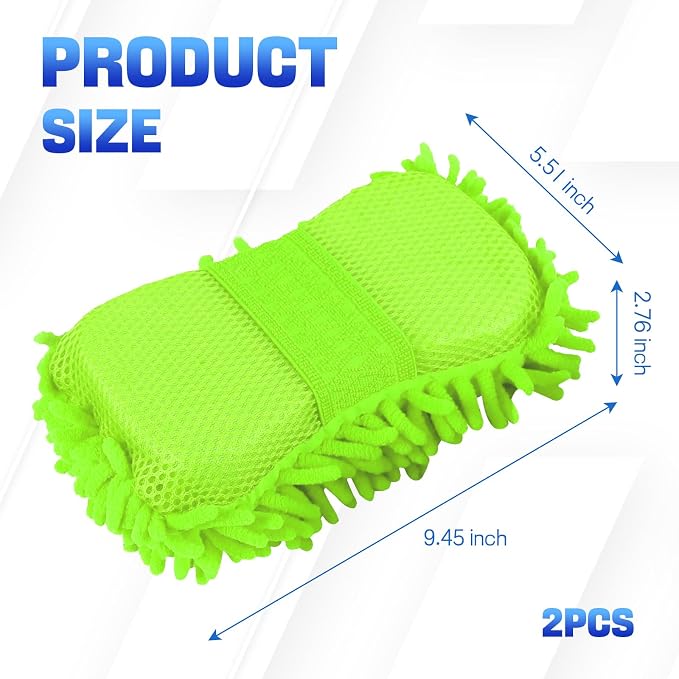 2PCS Microfiber Car Wash Sponge, Double Sided Chenille Microfiber Car Wash Mitt, Scratch Free & Lint Free, Absorbent Automotive Washing Sponges, Auto Cleaning Supplies (Fluorescent Green)