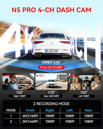 N5 PRO 4K 4 Channel Dash Cam, 360° All-Around View, 1080P Rear and Inside, 5G WiFi 6 - Up to 10MB/s, Built-in GPS, 8 IR Night Vision, G-Sensor, 24H Parking Mode, Free 128GB SD Card Included