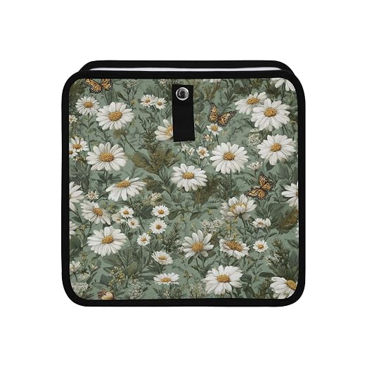 Car Trash Can Organizer Bin with Adjustable Strap for Back Front Seat Console Waterproof Leakproof Collapsible Portable 8.66 Inch Summer Daisy Butterfly Green