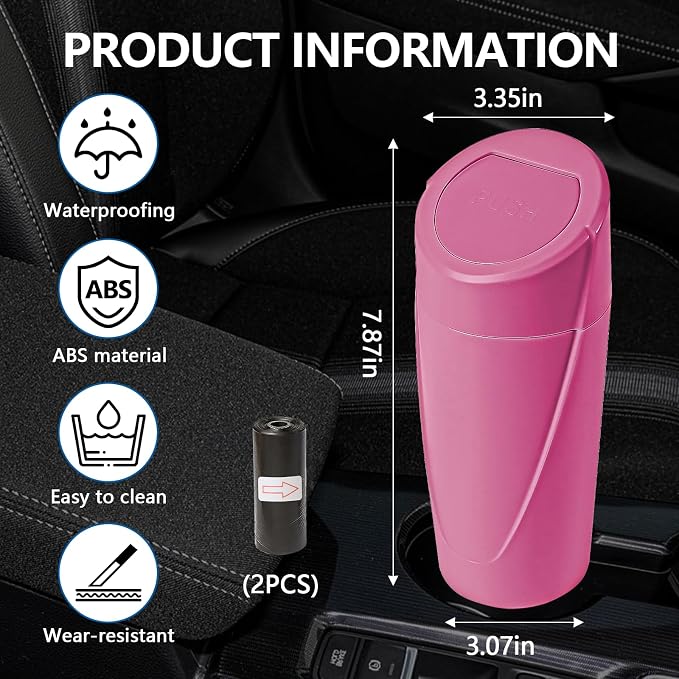 Hovom Mini Car Trash Can with Lid, Portable Garbage Can for Car, Leakproof Cup Holder Automotive Garbage Bin with 2 Rolls of Trash Bags, Small Trash Storage Can for Car Home Office(Rose Red)