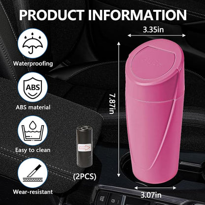 Hovom Mini Car Trash Can with Lid, Portable Garbage Can for Car, Leakproof Cup Holder Automotive Garbage Bin with 2 Rolls of Trash Bags, Small Trash Storage Can for Car Home Office(Rose Red)